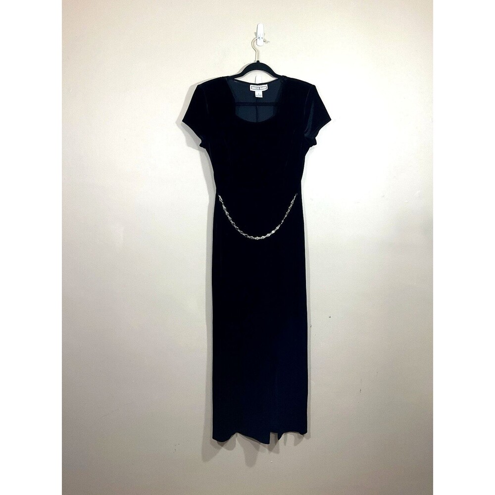 Vintage Womens Metal Chain Velvet Maxi Dress 6 Black 90s Goth Grunge Witch Party